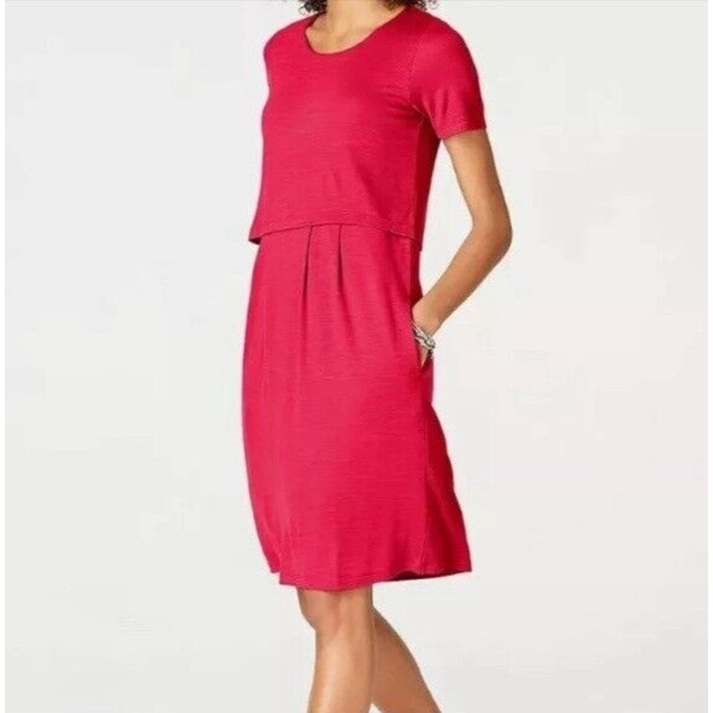 J. Jill Women's Sangria Dress Sz Medium Red Short Sleeve Layered Back Button NWT